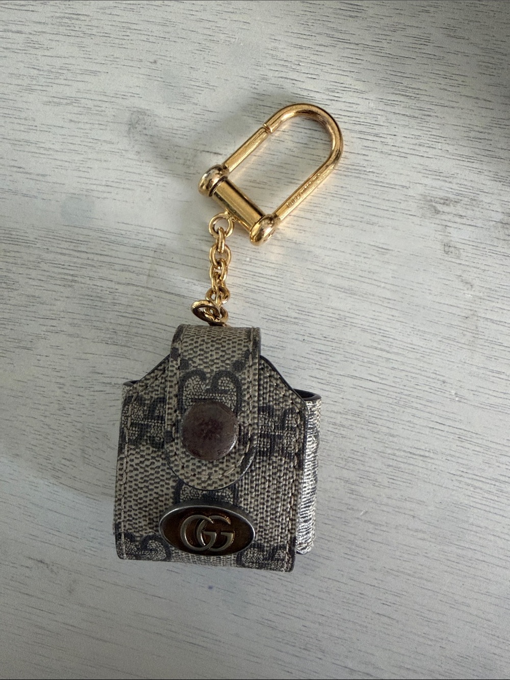 Gucci Beige Brown Monogram Mini Keychain Phone Case with Gold Hardware